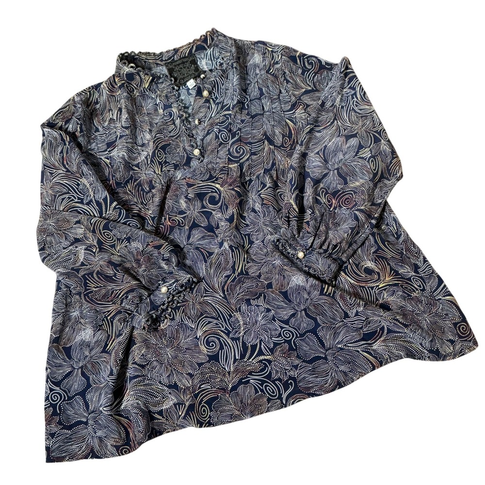 Johnny Was JADE Silk Floral Boho Blouse Womens Small Blue Swirl Ruffle Pearl